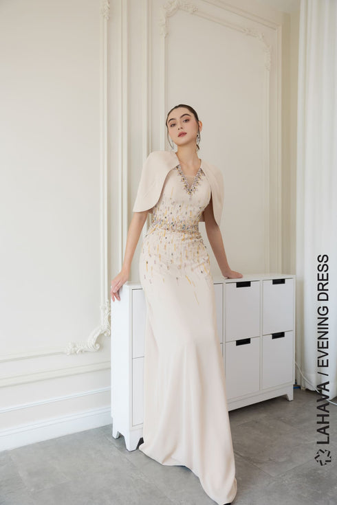 Luxurious beige cape sleeves evening dress